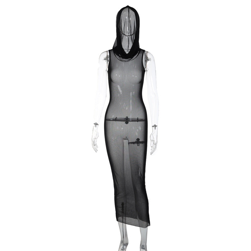 Summer Women Clothing Sleeveless Hooded Dress Sexy Mesh See through Dress