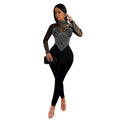 Solid Color Mesh Rhinestone Long Sleeved Trousers Jumpsuit