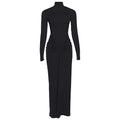 Fall Women Clothing Solid Color High Collar Slim Slimming Pleated Long Sleeve Dress