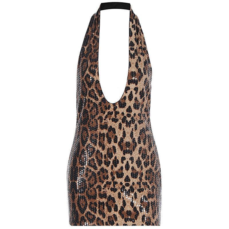 Spring Sexy Sleeveless Halter Leopard Print Deep V Plunge neck Backless Sheath Dress Women