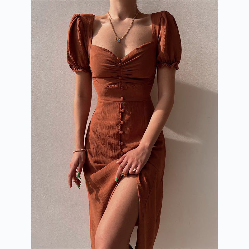 Spring Summer V-neck Single-Breasted Elegant Midi Dress