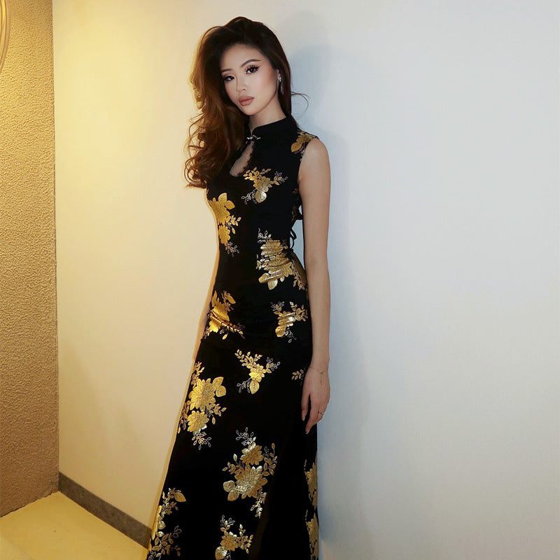 Chinese Fashionable Elegant Gilding Craft Back Hollow Out Cutout out Strap Sexy Side Split Cheongsam Dress