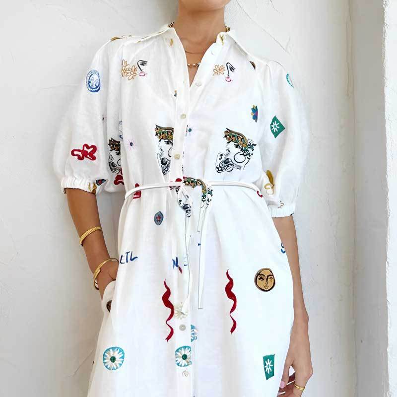 Autumn Winter Women Clothing Trend outside Pattern Print Collared Long Waist Controlled Lace Up Shirt Dress Women Amplified craft