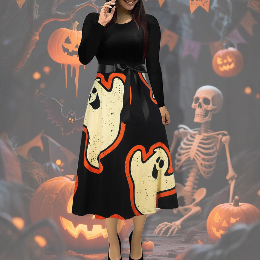 Women Clothing with Bowknot Halloween Dress Long Sleeve round Neck Holiday Princess Dress