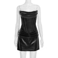 Fall Women Clothing Arrival Solid Color Sexy Faux Leather Pinch Pleated Boning Corset Tube Top A line Dress