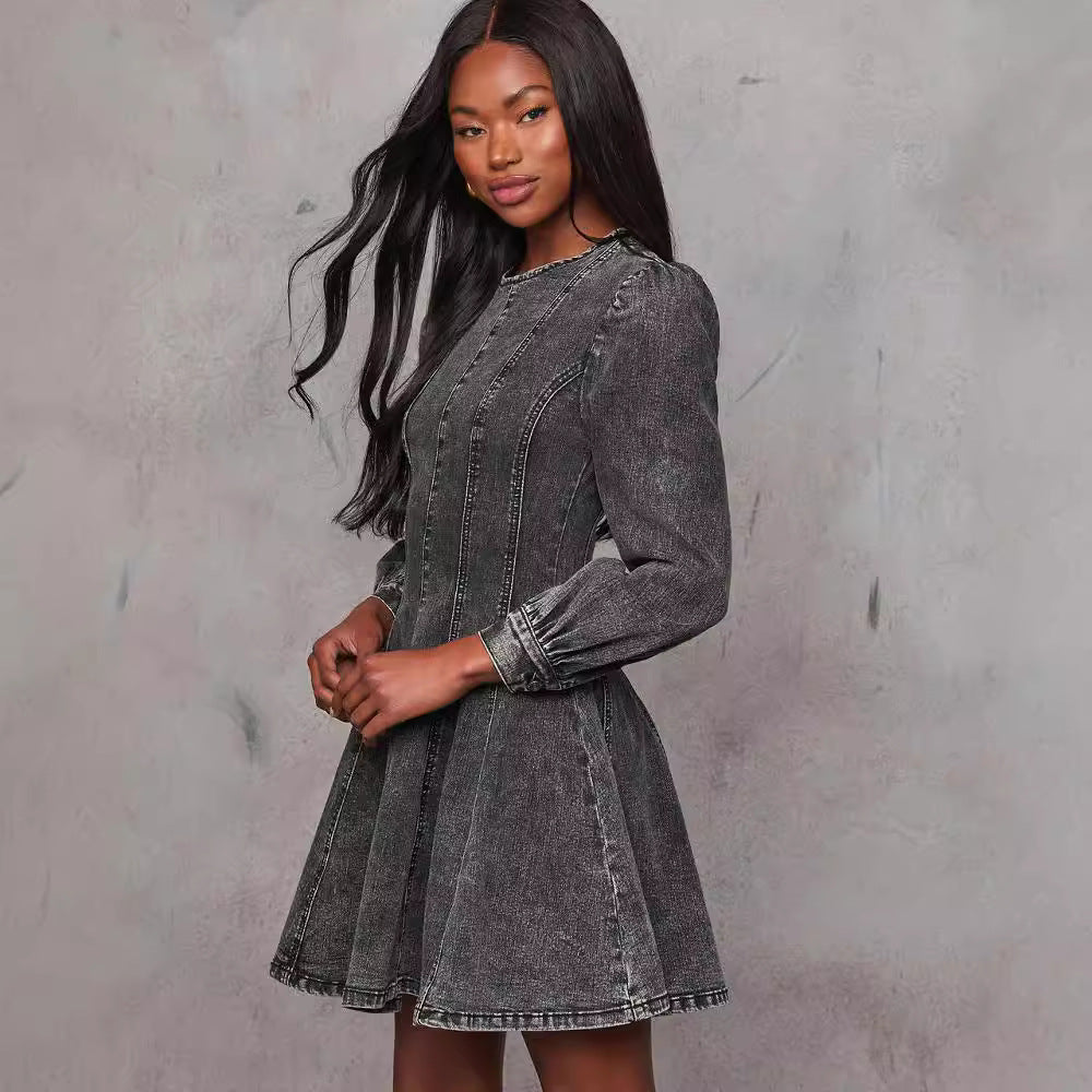 Autumn Casual Patchwork Tight Waist Women Denim Long Sleeve Dress