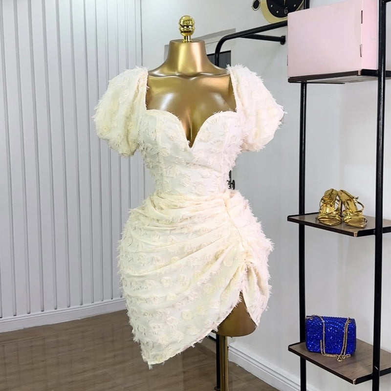 Women Clothing Spring Summer Sexy V neck Puff Sleeve High Waist Slimming Pleating Short Dress