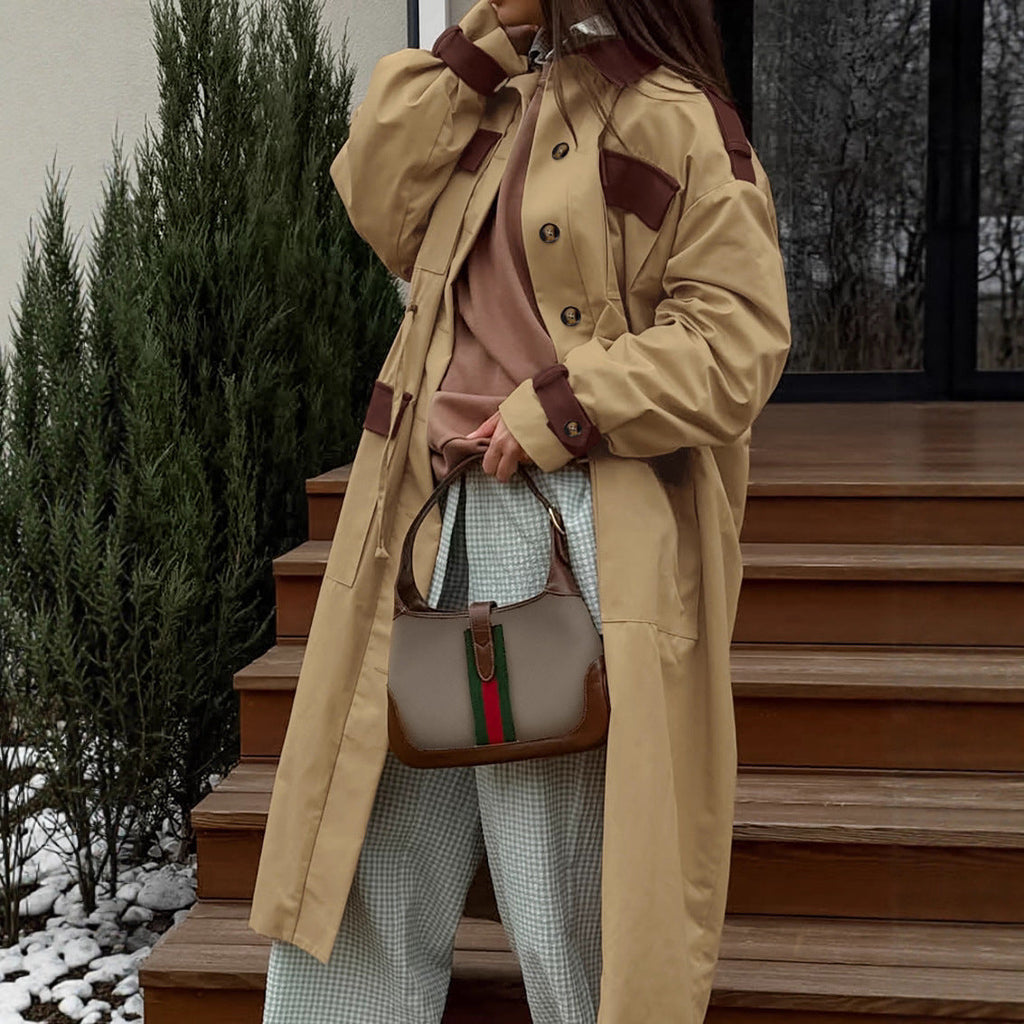 Retro Contrast Color Trench Coat Women Autumn Winter Tooling Casual All Match Khaki Collared Long Sleeve Long Cut Coat