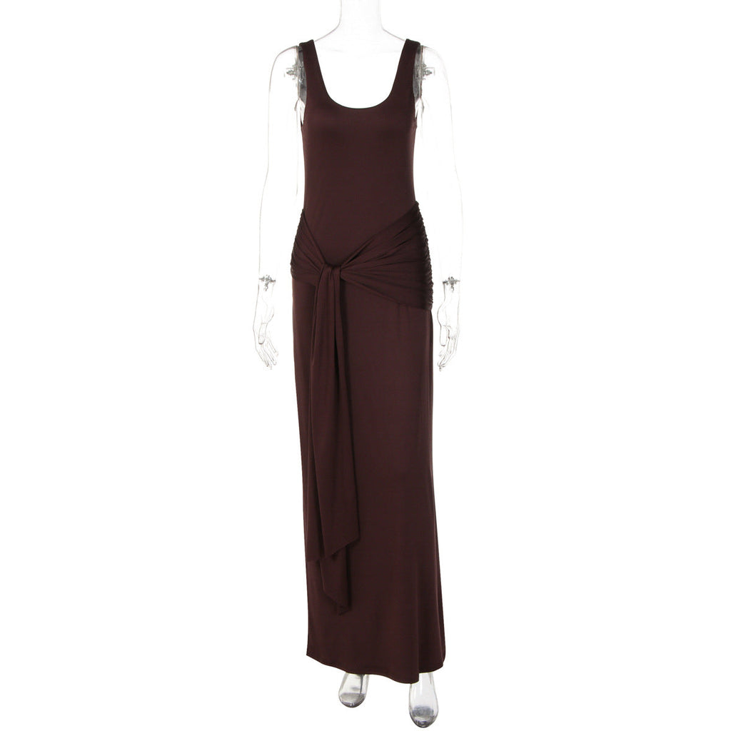 Women Trend Solid Color U Collar Sleeveless Vest Waist Trimming Lace up Tight Dress
