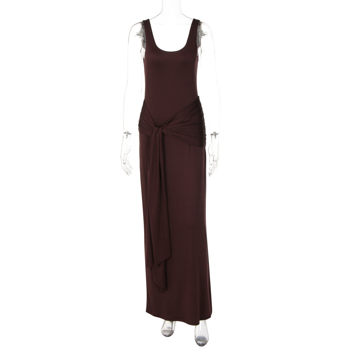 Women Trend Solid Color U Collar Sleeveless Vest Waist Trimming Lace up Tight Dress