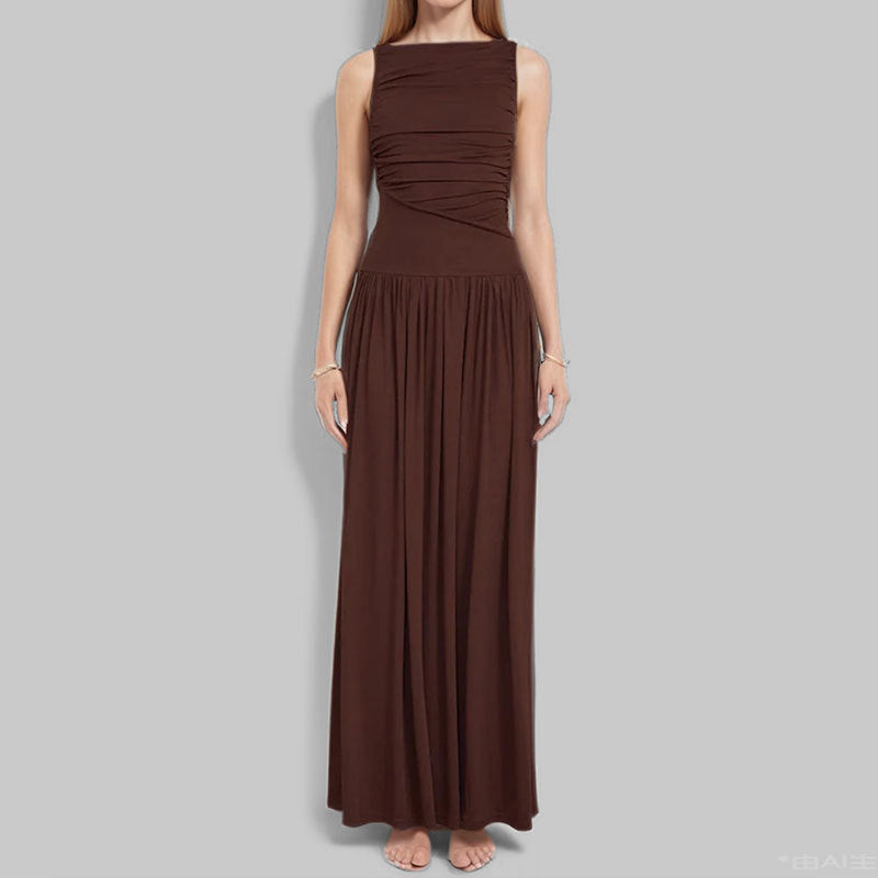 Summer Pleated Sleeveless Solid Color Waist Tight Sexy Maxi Dress