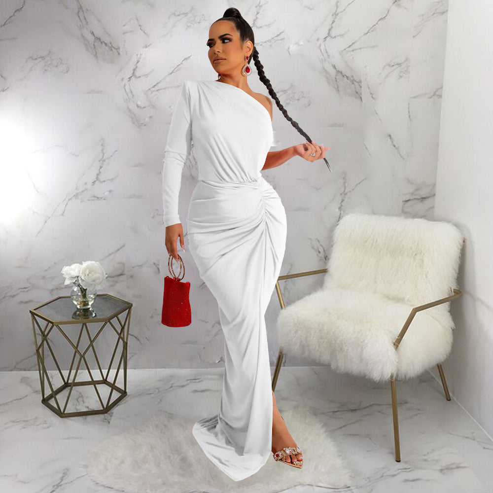 Women Clothing Autumn Oblique Shoulder Pleated Solid Color Dress Maxi Dress