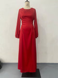 Spring Lace Up Waist Puff Sleeves Maxi Dress