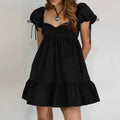 Black Cotton Square Collar Puff Sleeve off Shoulder Dress Summer Office Women Clothing