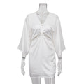 Summer White Satin Deep V neck Hollow Out Cutout Twisted Three Quarter Sleeve Tight Dress