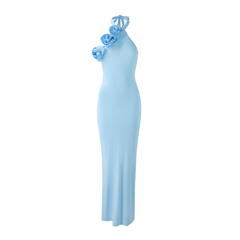 Women Clothing Three Dimensional Floral Sexy Halter Backless Split Dress