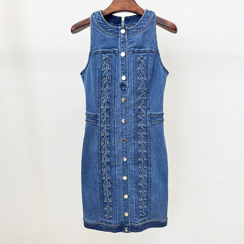 Spring Summer Star Heavy Industry Corns Rope Stretch Denim Vest Dress
