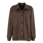 Autumn Winter Retro Maillard Suede Collared Long Sleeved Coat Women Simple Light Luxury Loose Figure Flattering