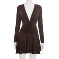 Women Clothing Autumn Winter Solid Color Casual Elegant Slim Deep V Plunge Long Sleeve Ruffled Dress