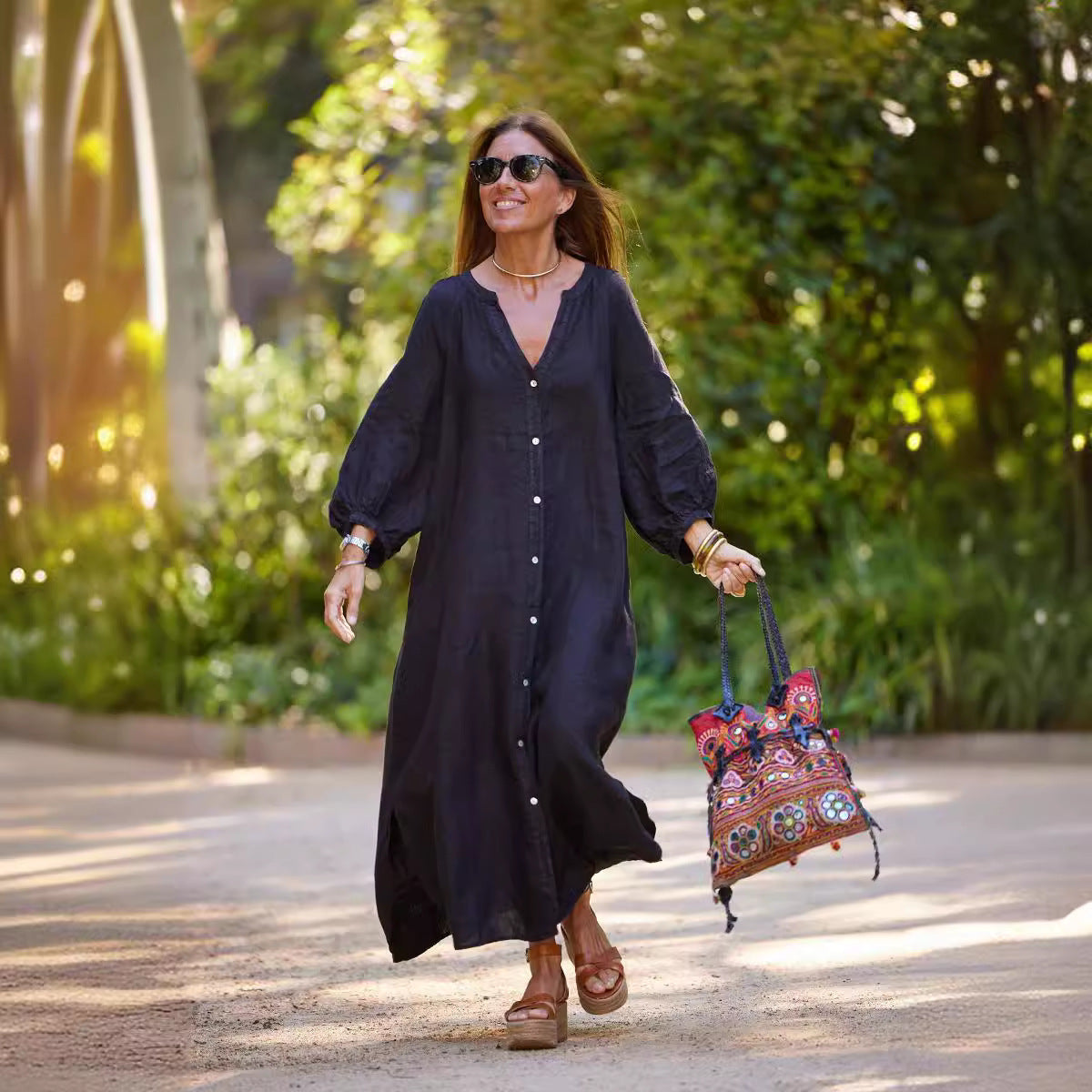 Autumn Winter Cotton Linen Shirt Casual Long Sleeve Cardigan Dress Women