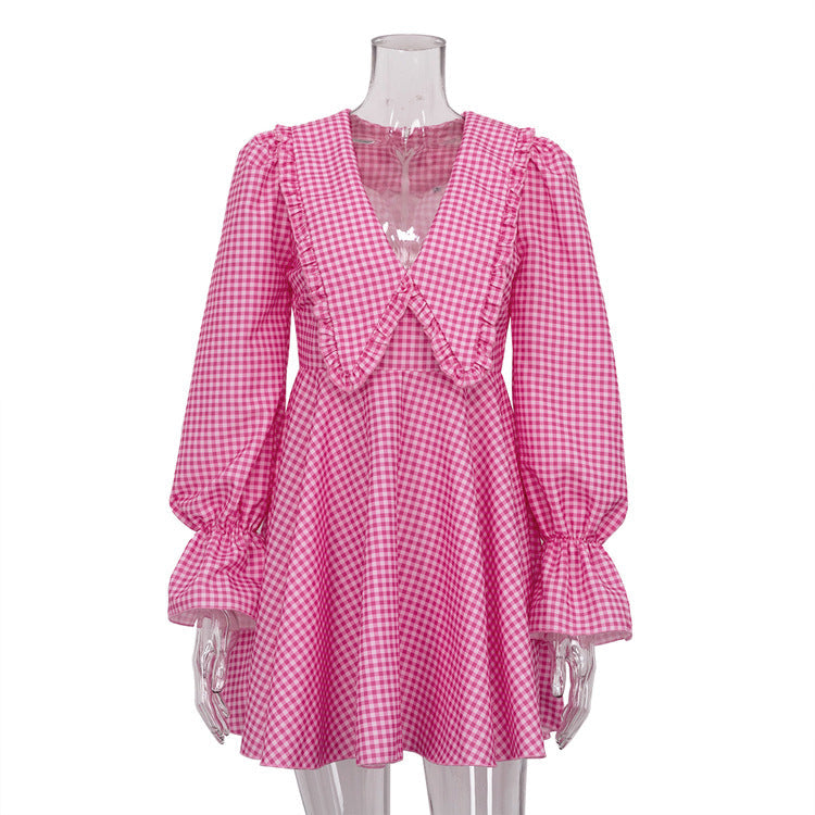 Women Clothing Pink Plaid Doll Collar Long Sleeve Dress Graceful Fashionable A line Dress