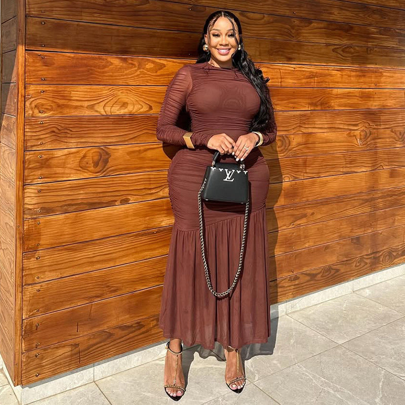 Women Clothing Waist Controlled Solid Color Pleated Hip Dress Vertical Swing Office Turtleneck Long Sleeve Dress Tide