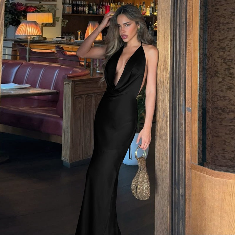 Women Sexy Low Cut Deep V Plunge neck Halter Lace up Bare Back Waist Slimming Evening Dress