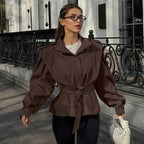 French Minority Autumn Winter Atmosphere Tongqin Trench Coat Coat Women Waist Trimming Lace up Collared Long Sleeve
