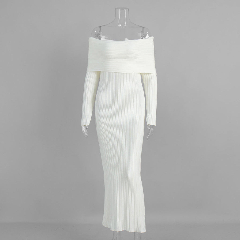 Knitted off Shoulder Long Sleeved Dress Autumn Winter off Shoulder Hip Knitwear Dress Women