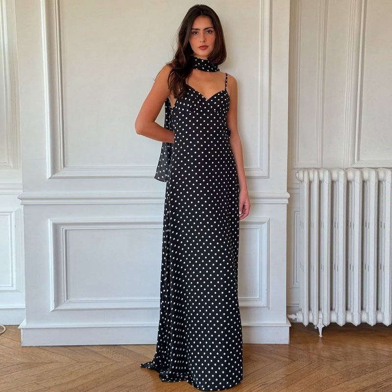 Summer Women Clothing French Dot Sexy V neck Strap Backless Dress