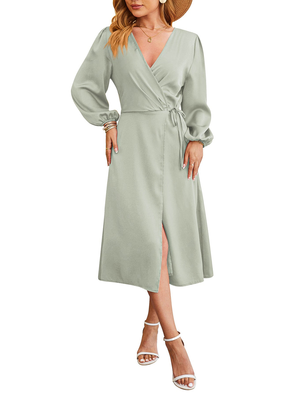Women Clothing Spring Summer Satin Solid Color V neck Split Sexy Dress