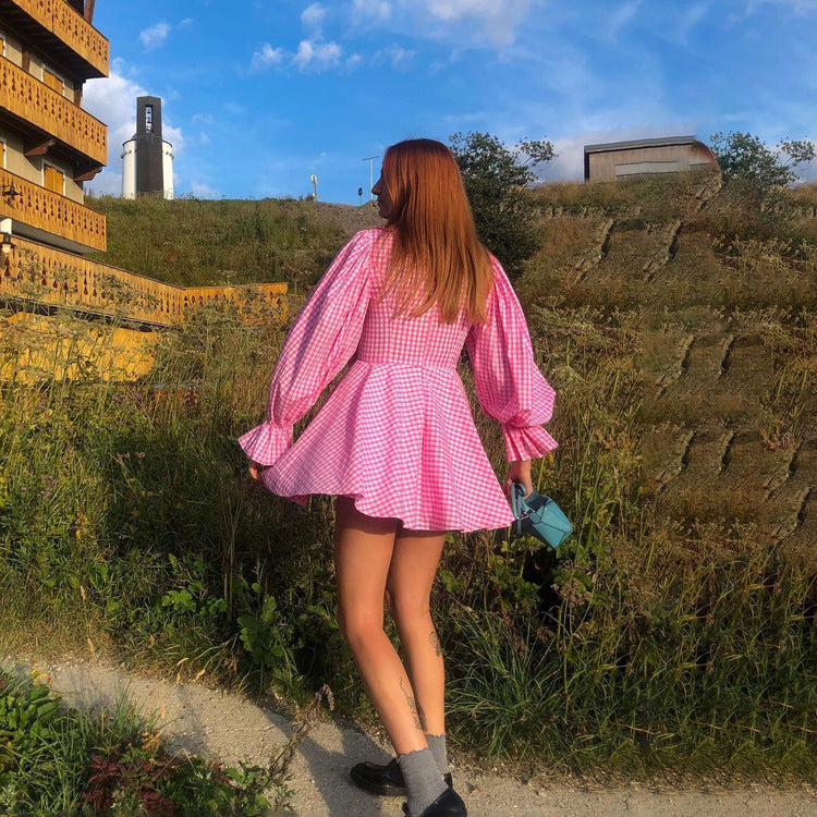 Women Clothing Pink Plaid Doll Collar Long Sleeve Dress Graceful Fashionable A line Dress