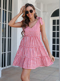 Women Spring Summer Casual Plaid Drawstring V-neck Ruffled Large Swing Dress Tiered Dress