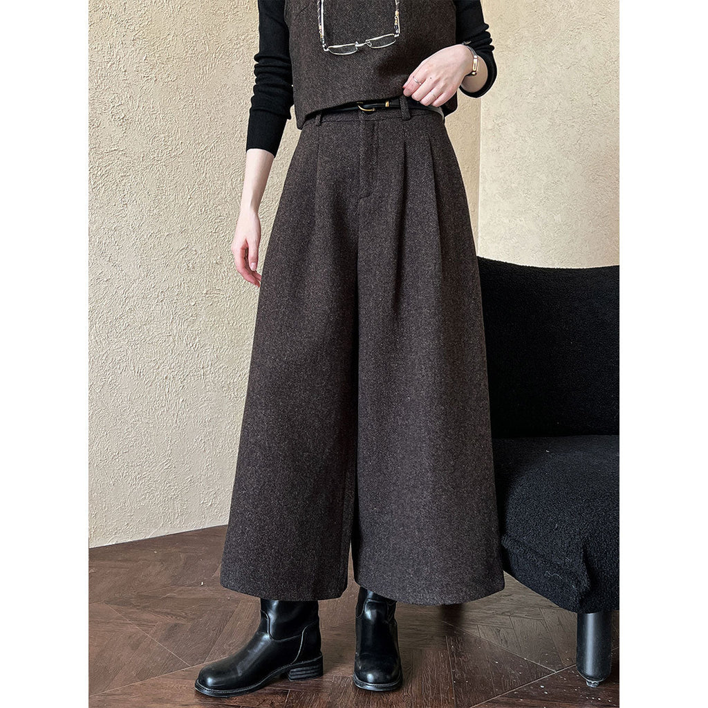 Two Way Vest Wide Leg Pants Women Autumn Winter Woolen Two Piece Sets
