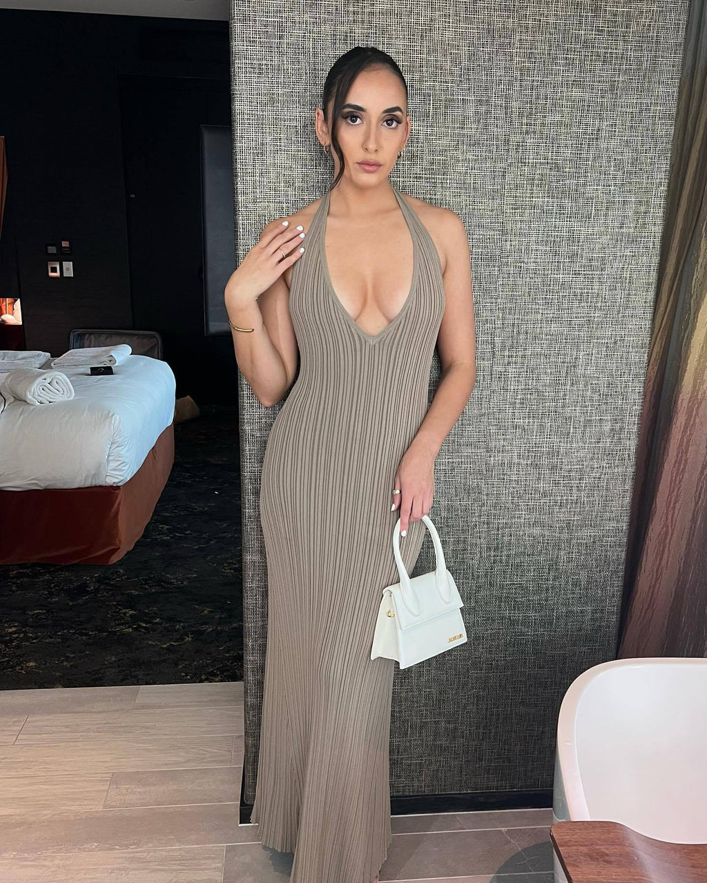 Sunken Stripe V Neck Slimming Knitted Long Backless Lace Up Dress Casual Waist Tight Women