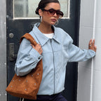 Retro Leather Coat Women Niche Blue Cool Feeling High Street Fashionable Zipper Autumn Winter Suede Jacket