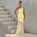 Summer Sloping Shoulder Backless Slim Fit Maxi Dress Sexy Solid Color Mesh Stitching Fishtail Dress