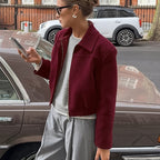 Autumn Elegant Wine Red Collared Cropped Jacket All Matching Loose Zipper Coat