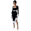 Autumn Winter Long Sleeve Hepburn Black White Color Matching Ruffled Slim Dress for Women