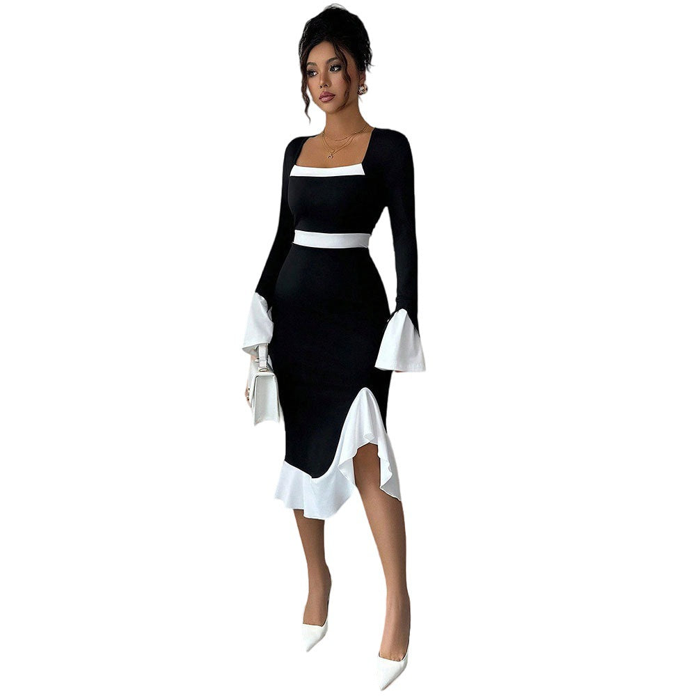 Autumn Winter Long Sleeve Hepburn Black White Color Matching Ruffled Slim Dress for Women