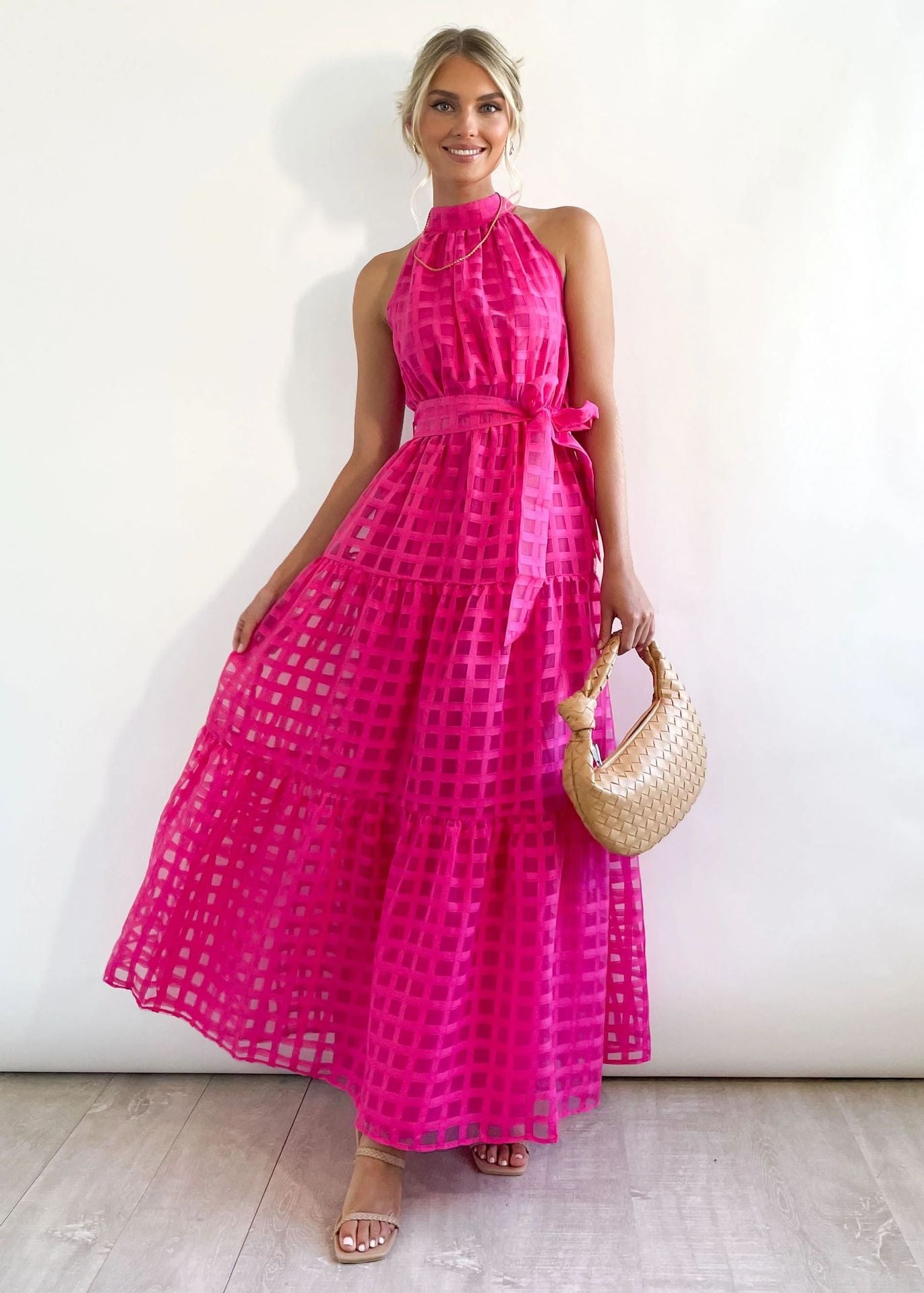 Spring Summer Stand Collar Solid Color Plaid Retro Maxi Dress Casual Dress for Women