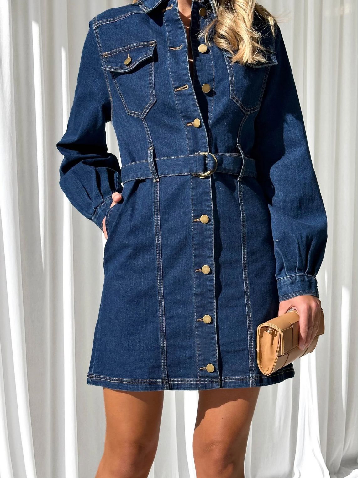 Casual Button Lace Up Slimming Long Sleeved Denim Dress Women