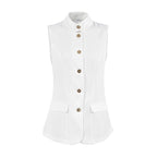 Fashionable Elegant Sleeveless Vest Top Spring Summer White Small Stand Collar Office Casual Shirt