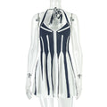 Black White Contrast Color Women Pleated Patchwork A line V neck Halter Sleeve Short Slim Fit Dress