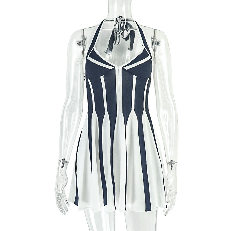 Black White Contrast Color Women Pleated Patchwork A line V neck Halter Sleeve Short Slim Fit Dress
