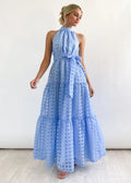 Spring Summer Stand Collar Solid Color Plaid Retro Maxi Dress Casual Dress for Women