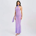 Lace up Bare Back Sexy Halter High Waist See through Mesh Slim Fit Oblique Shoulder Dress