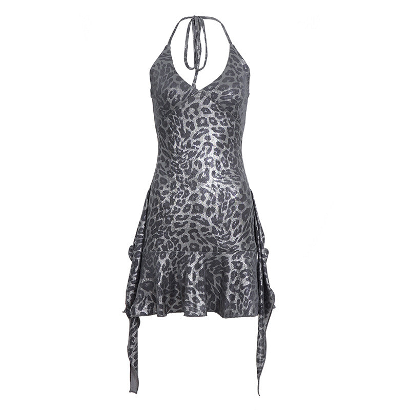 Sexy Women Clothing Bright Silk Leopard Print Irregular Asymmetric Spaghetti Strap Dress Sexy Two Wear Ribbon Lotus Leaf Hip