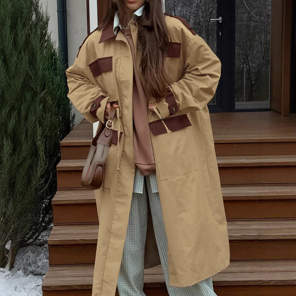 Retro Contrast Color Trench Coat Women Autumn Winter Tooling Casual All Match Khaki Collared Long Sleeve Long Cut Coat