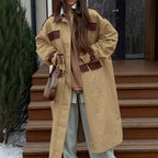 Retro Contrast Color Trench Coat Women Autumn Winter Tooling Casual All Match Khaki Collared Long Sleeve Long Cut Coat